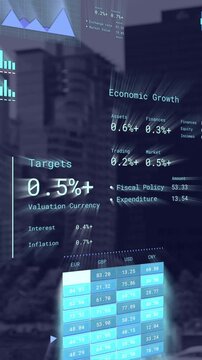 Animation of financial data processing over cityscape