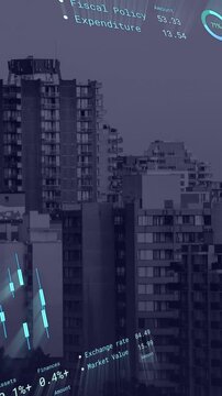 Animation of financial data processing over cityscape