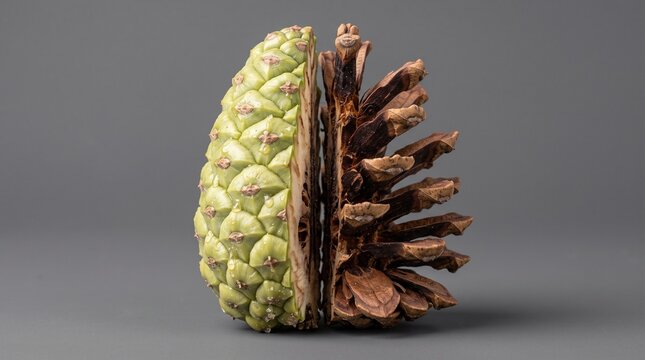 Split Pinecone Showing Seasonal Growth Stages and Transformation on Gray Background