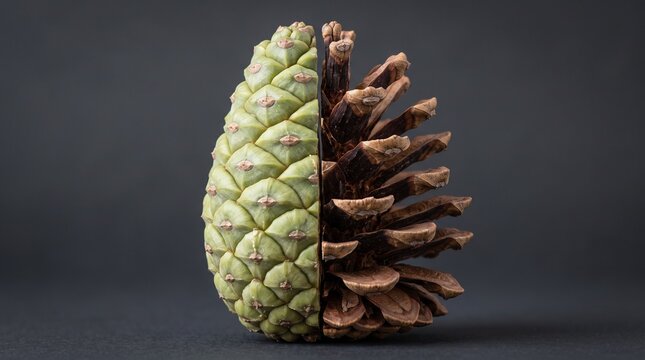 Split Pinecone Showing Seasonal Growth Stages and Transformation on Dark Gray Background