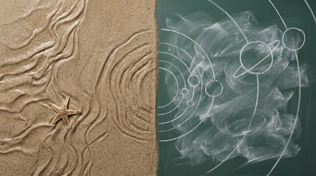 Duality of Nature and Science: Sandy Beach with Starfish Contrasting with Solar System on Chalkboard