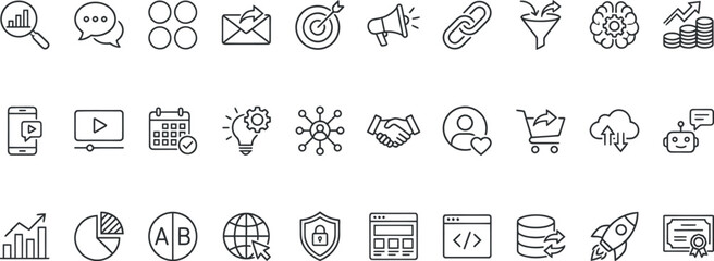 A comprehensive set of business and finance related line icons in editable stroke style for professional digital design project use cases