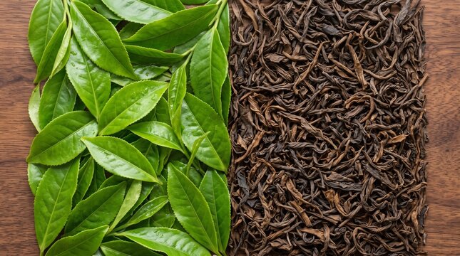 Split View of Fresh Green and Dried Black Tea Leaves