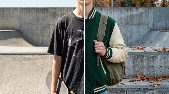 Teenager Torso Split Seasons Skatepark with Skateboard Backpack