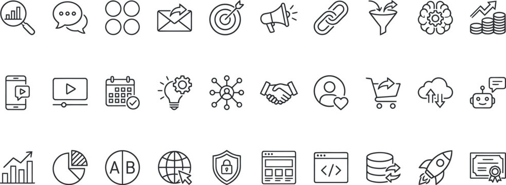 A comprehensive set of business and finance related line icons in editable stroke style for professional digital design project use cases