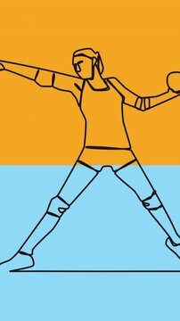Animation of drawing of female handball player throwing ball and shapes on white background