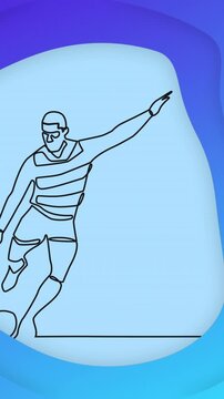 Animation of drawing of male rugby player kicking ball and shapes on blue background