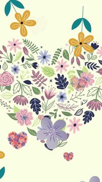 Animation of flowers falling over hearts of flowers on beige background