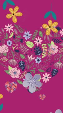 Animation of multiple hearts of flowers over falling flowers on pink background