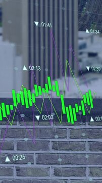 Animation of financial data processing over cityscape