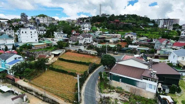 Aerial view of suburban residential rooftops and streets on cloudy day