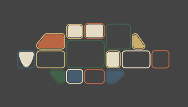 Abstract geometric composition of colorful rounded rectangles and shapes arranged on a dark grey background.