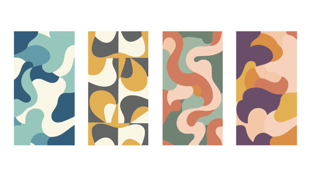 Collection of four abstract vertical backgrounds featuring colorful organic shapes and camouflage patterns.