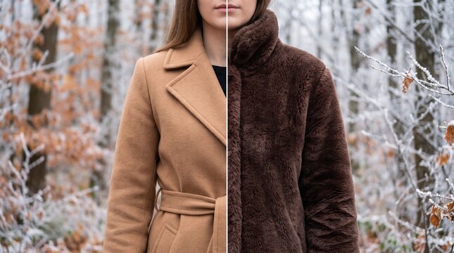Woman Wearing Two Winter Coats Split for Seasonal Fashion