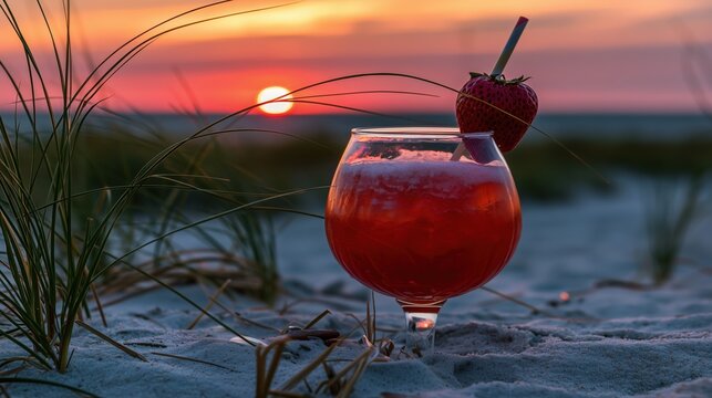strawberry daiquiry cocktail resting on beach sand, background is sunset over a tropical beach 