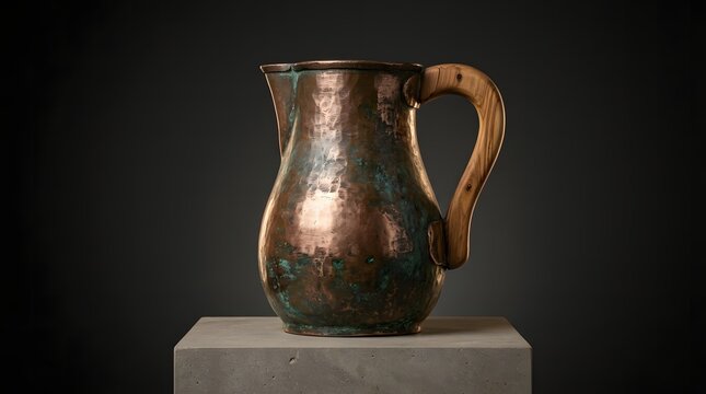 Antique copper pitcher on stone pedestal against a dark background.