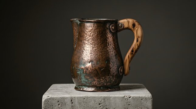 Rustic hammered copper pitcher with wooden handle on a grey stone pedestal
