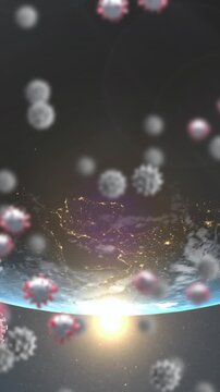 Flying bacteria coronavirus over planet earth.