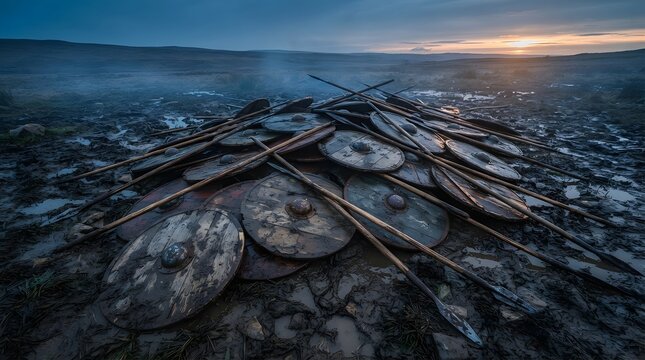 Abandoned Viking shields and spears on a battlefield at sunset in a misty landscape.