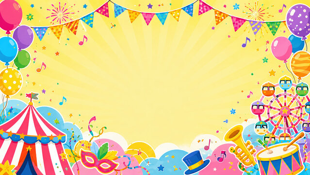 Colorful Carnival Celebration Background with Balloons, Flags and Copy Space