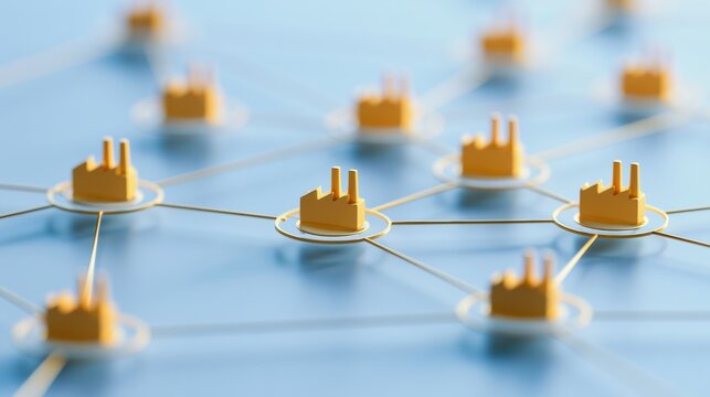 A network graph connecting factory icons in a multi-tier supplier mapping setup. The background is clean and offers space for text.