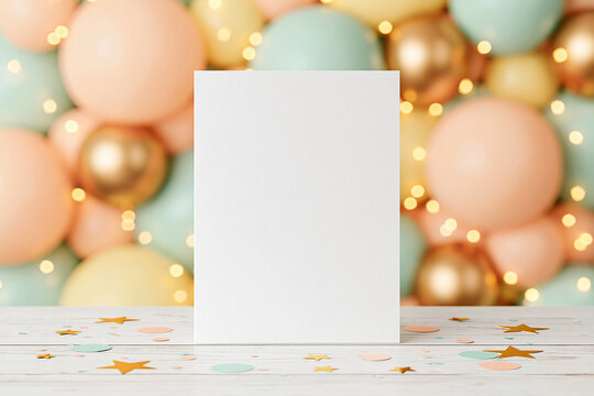 Blank White Greeting Card Mockup With Pastel Balloon Garland And Bokeh Lights