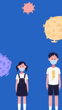 Multiple Covid -19 cells over family wearing face masks against blue background