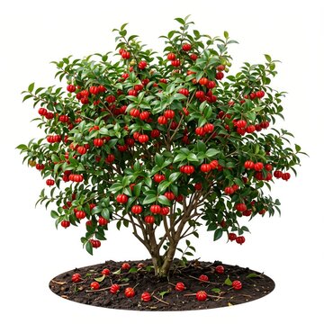Surinam cherry bush with ripe red fruits on white background