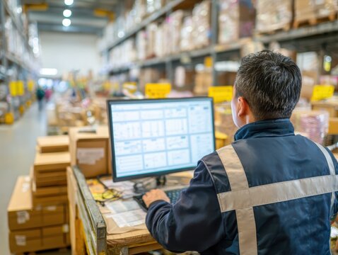 Warehouse worker monitoring inventory and security data on desktop computer inside a busy distribution center, using digital technology to support cybersecurity and efficient logistics operations