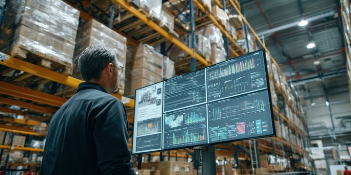 Warehouse manager monitoring AI powered logistics dashboard on large digital screens inside a distribution center, analyzing inventory and supply chain data to improve operational efficiency