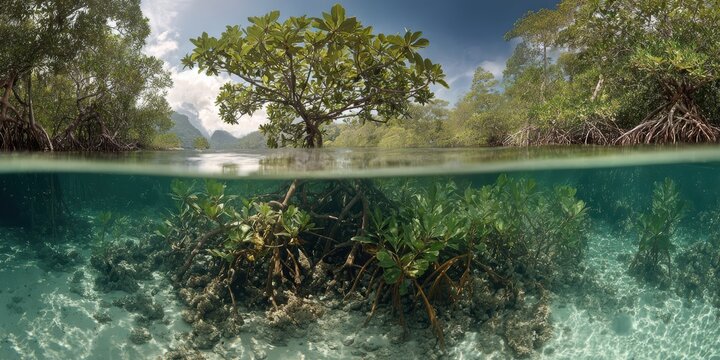 Split view of mangrove forest above and below clear coastal water, revealing roots and marine habitat during daylight to illustrate blue carbon storage, biodiversity and climate resilience