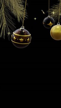 Black and gold baubles swinging on christmas tree with gold stars on black background, copy space