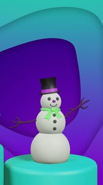 Christmas tree and waving snow man on rotating podium over blue and purple background