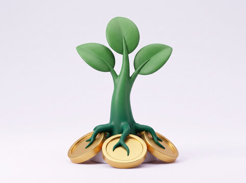 Green sprout growing from gold coins representing financial growth