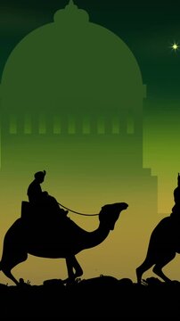 Animation of silhouette of three wise men on camels over cityscape on green background