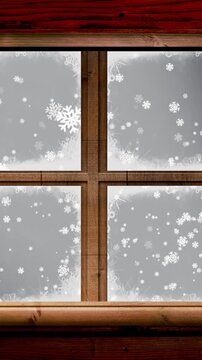 Animation of christmas tree over window in winter scenery background