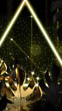 Animation of gold leaves and pattern and fireworks on black background
