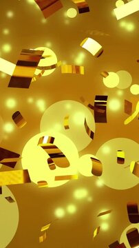 Animation of confetti falling over glass of champagne on yellow background