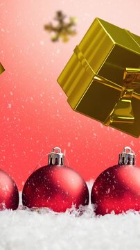 Animation of candy canes and gifts christmas decorations with baubles on red background