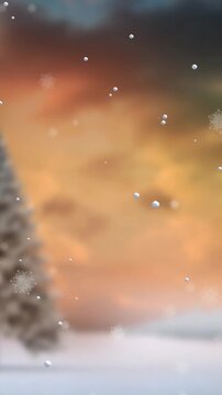 Animation of snow falling over christmas winter scenery with tree background