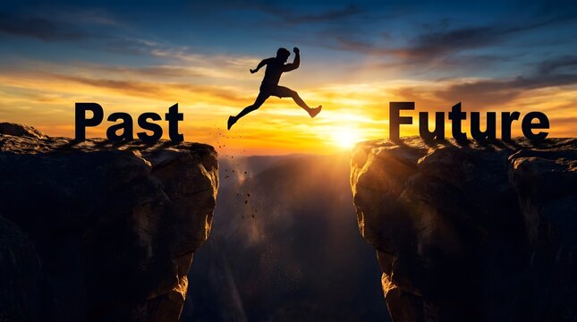 Silhouette of person jumping between cliffs labeled past with dark figure leaps across chasm between two rocky outcrops marked text against glowing sky