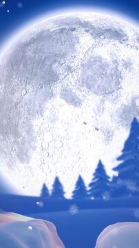 Animation of snow falling over christmas winter scenery with full moon background