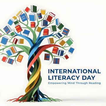 Conceptual tree of knowledge made of many colorful books representing international literacy day and education growth