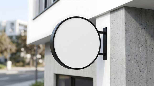 Circular blank white signage board mounted on a modern concrete wall with minimalist black frame and urban background for retail brand identity and storefront mockup concept.
