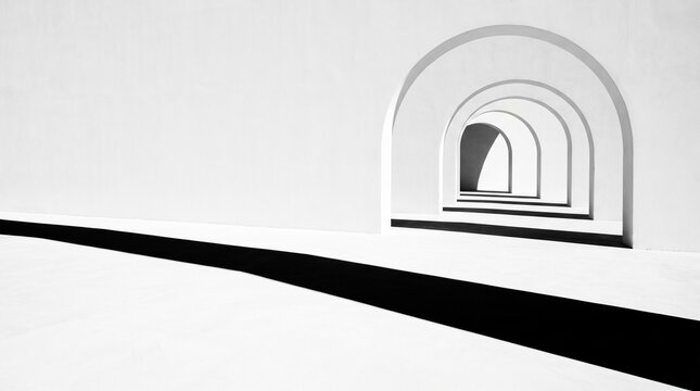 Flawless white plaster architectural arches staggered geometric shadows