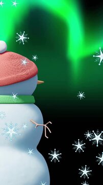 Animation of christmas snow man moving over aurora borealis and snow falling on black background