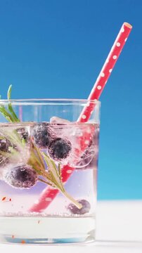 Animation of confetti falling and cocktail on blue background