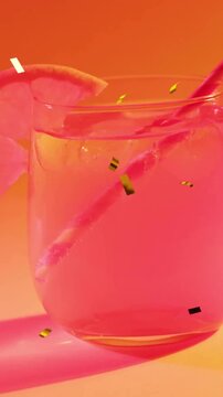 Animation of confetti falling and cocktail on red to yellow background