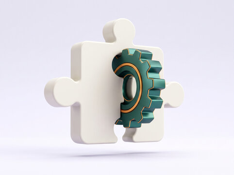 Mechanical gear integrated into a white puzzle piece