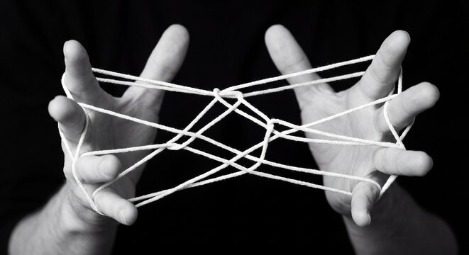 Close-up of hands holding a complex cat's cradle string figure against a dark background